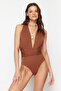 Brown Draped Deep V-Neck Covered Hipster Swimsuit Tbess21Ma0041 - 3