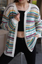 Round Neck Long Sleeve Openwork Perforated Color Block Striped Summer Knitwear Cardigan - 3