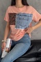 Women's Powder Leopard and Denim Detailed Buttoned Design Cotton T-Shirt - 6