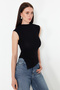 Siyah Dik Yaka Büzgü/Drape Detaylı Fitted/Vücuda Oturan Asimetrik Örme Bluz TWOSS24BZ00534 - 3