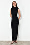 Siyah Drapeli Fitted/Vücuda Oturan Dik yaka Kolsuz Esnek Örme Maxi Kalem Elbise TWOSS24EL00830 - 2