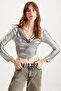 Arleen Women's Degaje Silver Coated Flexible Fabric Long Sleeve Crop Gray Bustier - 3