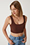 Women's Brown Strap Corded Crop Knitted Blouse GT00030