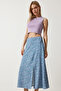 Women's Pink Blue Floral Slit Summer Viscose Skirt MX00165 - 3