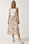 Women's Cream Tile Floral Slit Summer Viscose Skirt MX00165 - 3