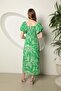 New Season Slit Detailed Viscose Fabric Snow Pattern Balloon Sleeve Square Collar Midi Dress - 7