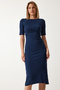 Women's Navy Blue Gather Detailed Summer Knitted Dress UB00269