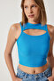 Women's Blue Cut Out Detailed Corded Crop Knitted Blouse KH00089 - 3