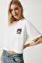 Women's Ecru Teddy Bear Embroidered Crop Knitted T-Shirt HF00456 - 2
