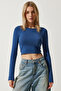 Women's White Indigo Blue Crew Neck Basic 2-Pack Crop Knitted Blouse OW00035 - 2