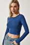 Women's White Indigo Blue Crew Neck Basic 2-Pack Crop Knitted Blouse OW00035 - 3
