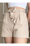 Beige and White Striped Mini Shorts with Belt - 2