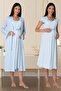 Women's Blue Patterned Short Sleeve Cotton Maternity Maternity Dressing Gown Nightgown Set - 2