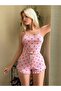 Strappy Mini Shorts Pajama Set Strawberry Patterned Pink Camisole Ribbed - 3