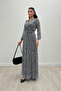 Tulle Fabric Square Printed Maxi Dress - Black - 2