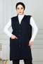 Women's Navy Blue Mother Long Slim Buttoned Pocket Combed Cotton Vest Mother's Day - 4