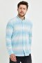 Linen Turquoise White Striped Slim Fit Long Sleeve Shirt - 4