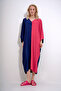 Navy-Fuchsia V-Neck Front Buttoned Color Block Back Embroidered Woven Viscose Dress ALC-X11998 - 2