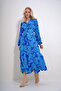 Women's Blue Magnifying Collar Buttoned Front Waist Belt Patterned Woven Viscose Dress ALC-X12035 - 4