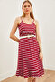 Women's Burgundy Striped Thin Strap Elastic Waist Knitted Viscose Dress ELB-19002155 - 5