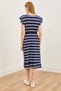 Women's Navy Blue White Shoulder Skirt Ruffle Detailed Elastic Waist Knitted Viscose Dress ELB-19002147 - 2