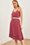 Women's Burgundy Striped Thin Strap Elastic Waist Knitted Viscose Dress ELB-19002155 - 3