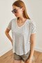 Women's Smoked V-Neck Striped Filthy Stitching Casual T-Shirt TSH-19000815 - 4