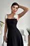 Women's Satin Strapless Neck Rose Accessory Design Strappy Black Maxi Evening Dress 258 - 2