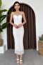Women's White Lined Lace Fabric Adjustable Strap Slit Detailed Midi Dress 257