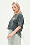 Women's Anthracite Washed Print Detailed Crew Neck T-Shirt - 6