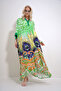 Green Hakim Collar Bat Sleeve Patterned Maxi Length Woven Dress with Side Slits Alc-X12013 - 3