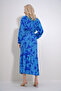 Women's Blue Magnifying Collar Buttoned Front Waist Belt Patterned Woven Viscose Dress ALC-X12035 - 5