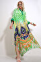 Green Hakim Collar Bat Sleeve Patterned Maxi Length Woven Dress with Side Slits Alc-X12013