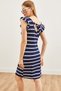 Women's Navy Blue White Frilly Shoulder Tie Back Knitted Viscose Dress ELB-19002146 - 6