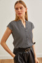 Women's Black V-Neck Striped Viscose Shirt GML-19000188 - 5