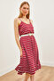 Women's Burgundy Striped Thin Strap Elastic Waist Knitted Viscose Dress ELB-19002155 - 4