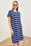 Women's Navy Blue Striped Sleeve Ruffle Knitted Viscose Mini Dress ELB-19002156 - 4
