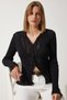 Women's Black Polo Collar Summer Openwork Knitwear Cardigan YY00214 - 2