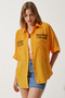 Women's Orange Embroidered Oversize Linen Ayrobin Shirt with Pockets RG00031 - 3
