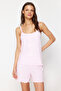 Açık Pembe Kurdele/Fiyonk Detaylı İp Askılı Fitilli Şortlu Örme Pijama Takımı THMSS24PT00356 - 2