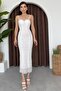 Women's White Lined Lace Fabric Adjustable Strap Slit Detailed Midi Dress 257 - 4