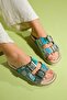 LANSO Green Stone Double Strap Women's Slippers - 7