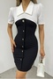 Women's Black Crepe Fabric Polo Collar Buttoned Design Short Sleeve Mini Dress 12397 - 5