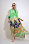 Green Hakim Collar Bat Sleeve Patterned Maxi Length Woven Dress with Side Slits Alc-X12013 - 4