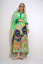 Green Hakim Collar Bat Sleeve Patterned Maxi Length Woven Dress with Side Slits Alc-X12013 - 2