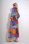 Women's Orange Stand Collar Waist Belted Skirt Flounced Patterned Woven Viscose Dress ALC-X12033 - 5