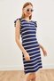 Women's Navy Blue White Frilly Shoulder Tie Back Knitted Viscose Dress ELB-19002146 - 3