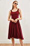 Women's Burgundy Strap Flowing Twisted Flared Dress ELB-19002152 - 3