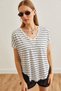 Women's Black V-Neck Striped Filthy Stitching Casual T-Shirt TSH-19000815 - 2