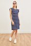 Women's Navy Blue White Frilly Shoulder Tie Back Knitted Viscose Dress ELB-19002146 - 2